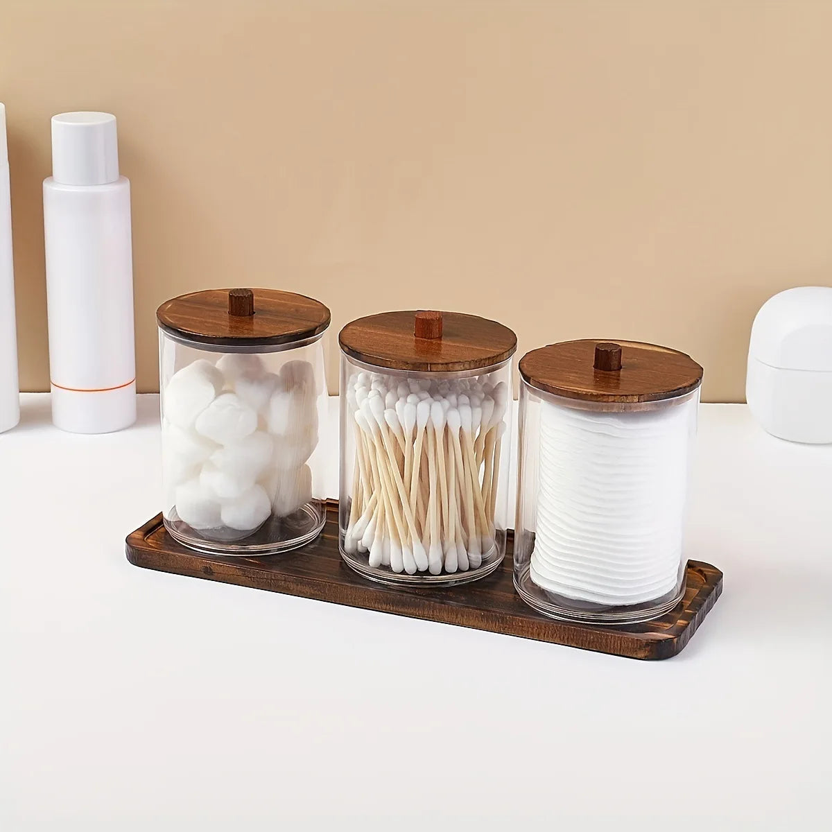 3 Pack Swab/Ball/Pad Holder with Wooden Tray, Cotton swab Jar, Clear Bathroom Containers Dispenser for Storage