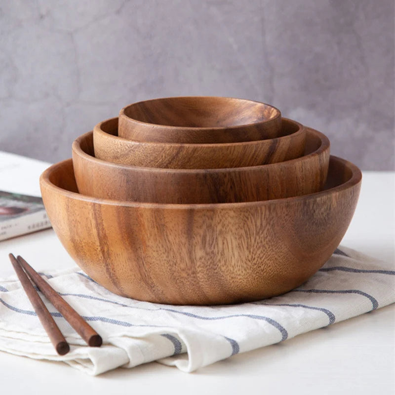 Natural Wood Bowl Food Serving Wooden Bowl for Rice Salads Fruit Soups Cereal Nuts Container Kids Unbreakable Dinnerware