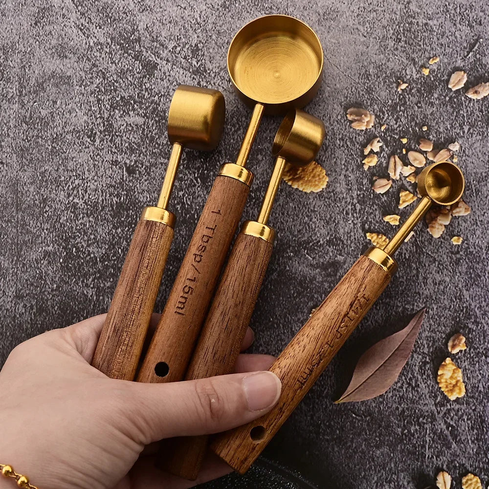 1/4/8Pcs Gold Wooden Handle Stainless Steel Measuring Cups Spoons Baking Tools Coffee Bartending Scale Kitchen Accessories Set