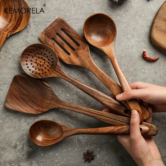 5PCS Thailand Teak Cooking Spoon Natural Wooden Kitchen Tableware Tool Ladle Turner Rice Colander Soup Skimmer Scoop Utensils