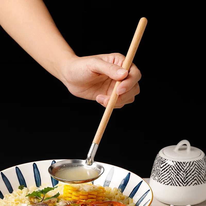 Stainless Steel Wooden Handle Soup Spoon Japanese Kitchen Ramen Tablespoons Colander Hot Pot Scoop Skimmer Gold Tableware