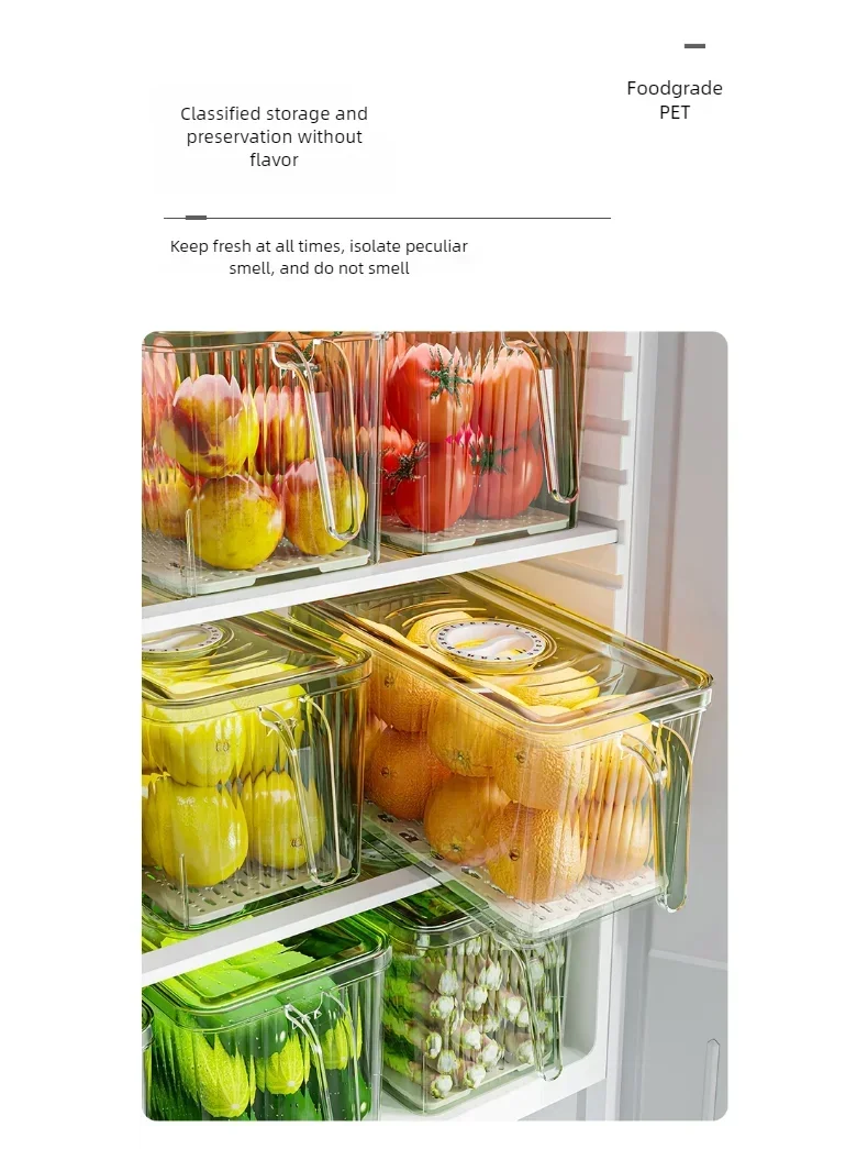 Refrigerator Storage Box with Handle, Vegetable and Fruit Fresh-keeping Storage Box with Lid, Stackable Transparent Storage Box