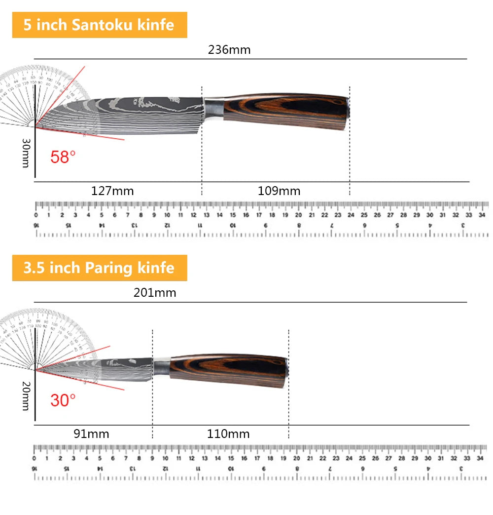 Juego de Cuchillos de Chef – Santoku Japonés, Patrón Damasco Láser, Ultra Afilados