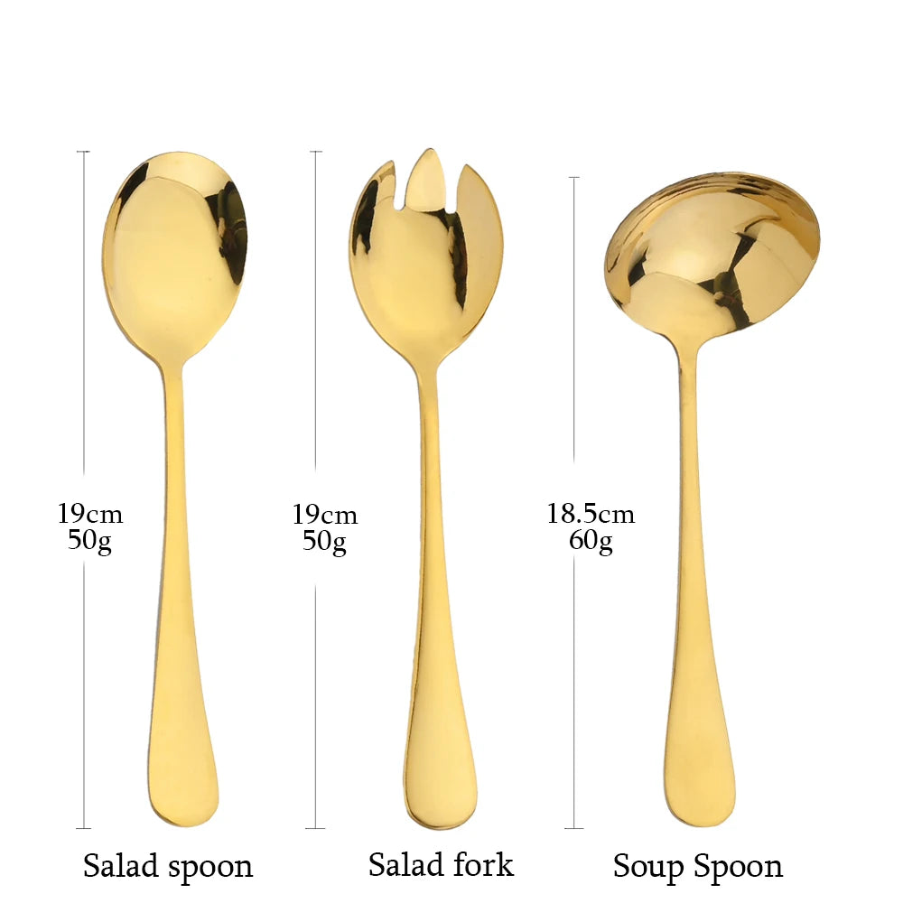 7Pcs Gold Dinnerware Set Stainless Steel Soup Spoon Colander Spoon Service Spoon Salad Fork Cake Spatula Kitchen Home Tableware