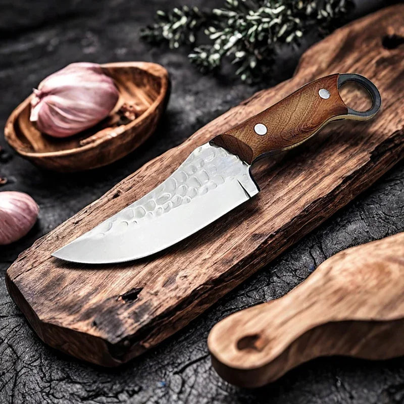 Cuchillo de Carnicero Forjado – Full Tang, Mango de Madera, Ideal para Carne y Pescado