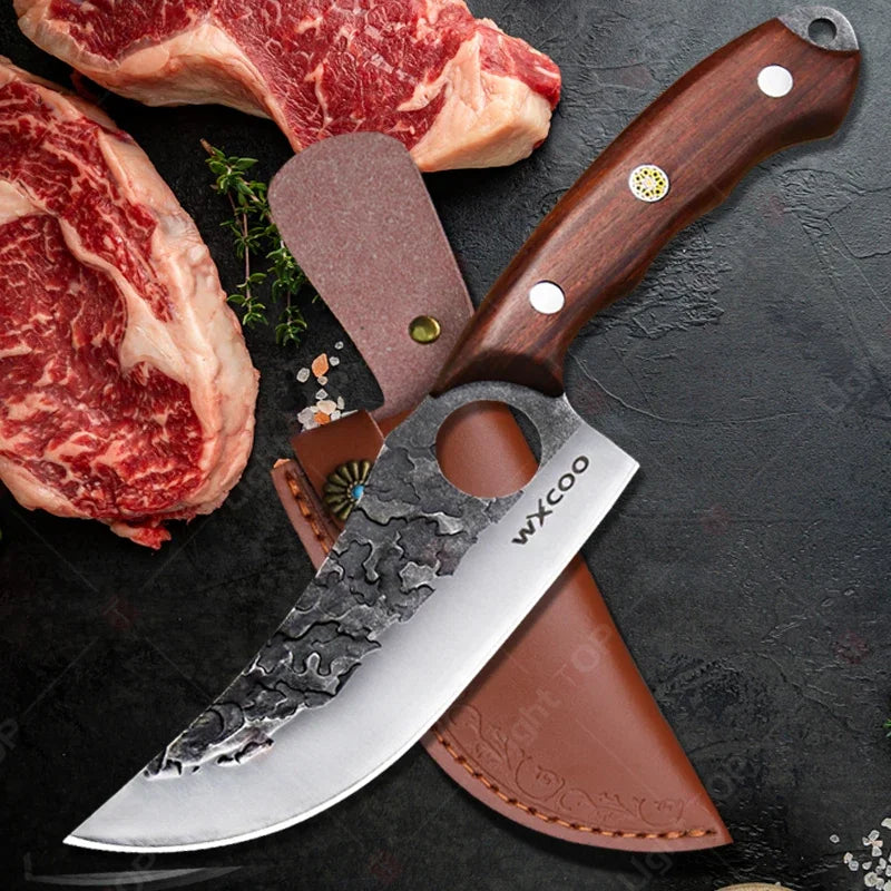 Cuchillo de Carnicero Forjado – Mango de Madera, Ideal para Cortar y Deshuesar Carne