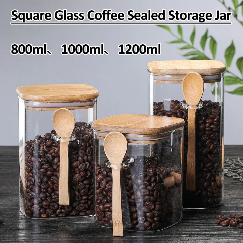 800/1000/1200ml Square Airtight Glass Jars With Lid And Spoon Tea Coffee Beans Container Snack Nuts Sealed Box Kitchen Organizer