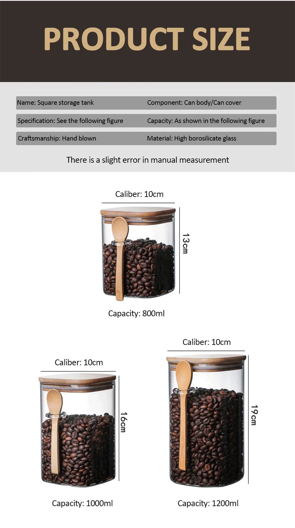 800/1000/1200ml Square Airtight Glass Jars With Lid And Spoon Tea Coffee Beans Container Snack Nuts Sealed Box Kitchen Organizer