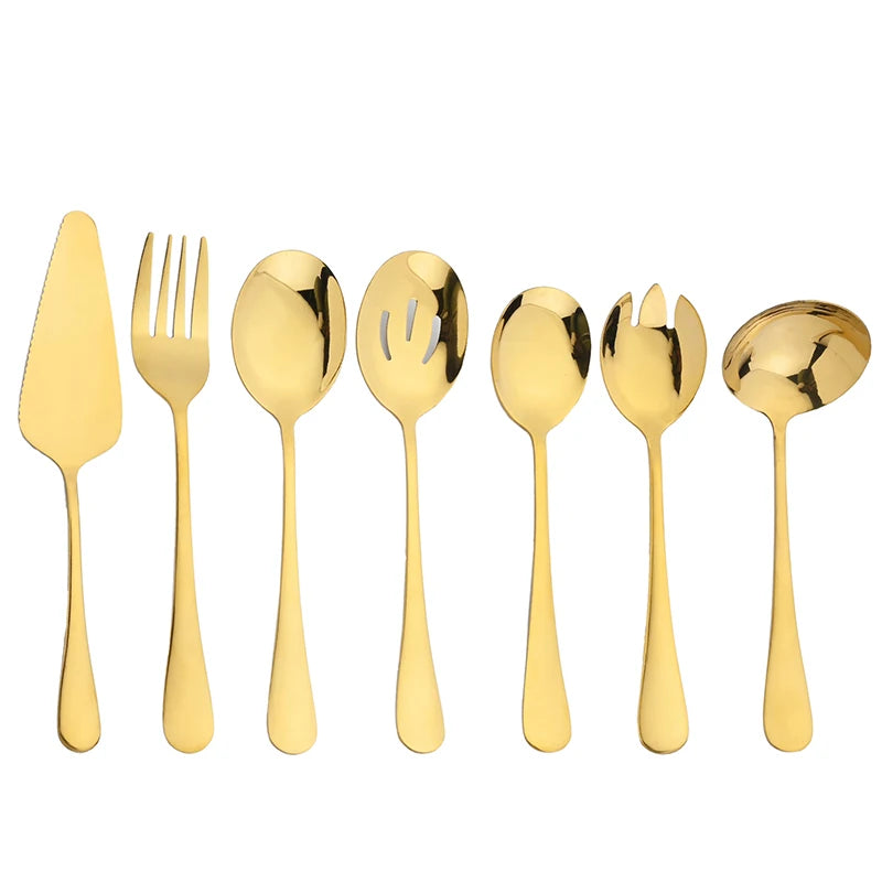 7Pcs Gold Dinnerware Set Stainless Steel Soup Spoon Colander Spoon Service Spoon Salad Fork Cake Spatula Kitchen Home Tableware