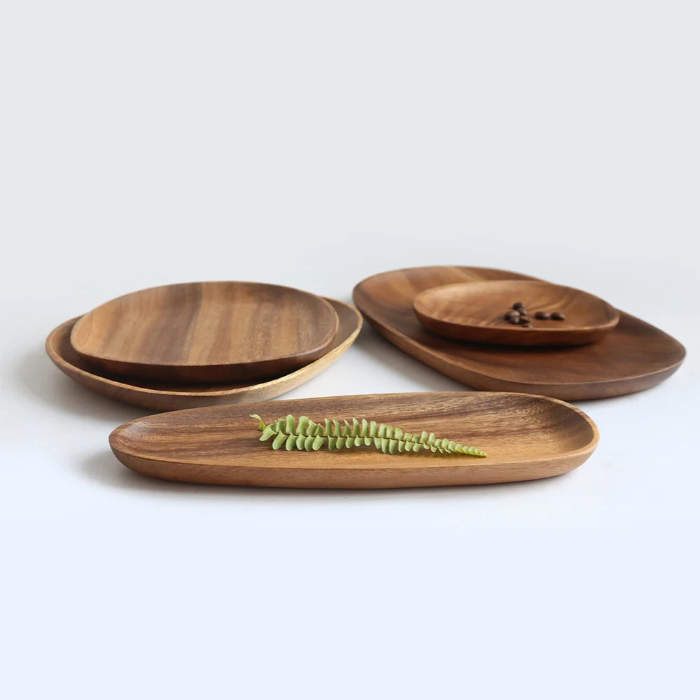 Walnut & Acacia Irregular Oval Solid Wood Dinner Plate Wooden Serving Decorative Tray, for Dishes Snack, Dim Sum, Fruit, Dessert