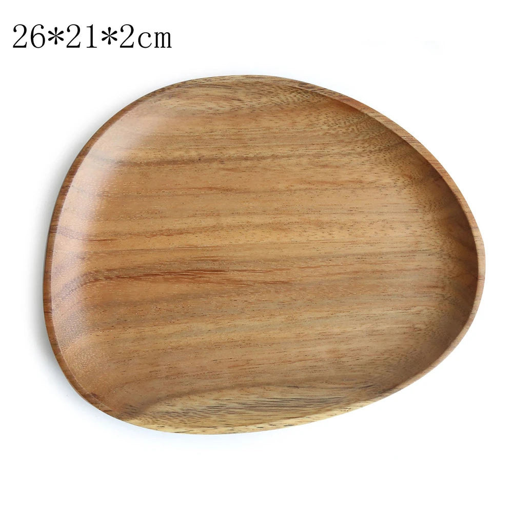 Walnut & Acacia Irregular Oval Solid Wood Dinner Plate Wooden Serving Decorative Tray, for Dishes Snack, Dim Sum, Fruit, Dessert