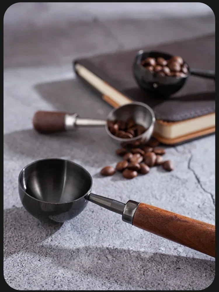 Stainless Steel Walnut Coffee Bean Measuring Spoons Household Tools High Profile Level Long Handle Coffee Powder Measuring Spoon