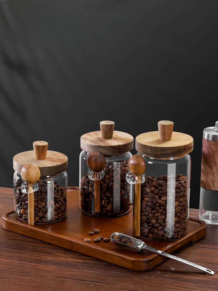 Coffee Bean Storage Jar Glass Sealed Jar with Spoon Storage Box Coffee Powder Storage Can Tea Can