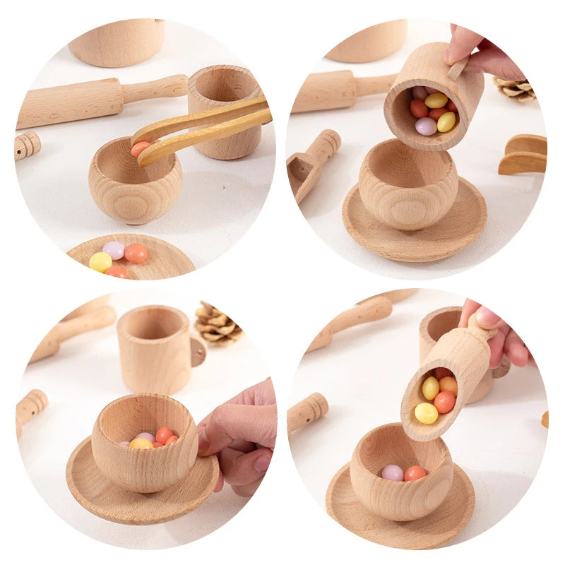 Montessori Sensory Enlighten Puzzle Toys Set Simulated Kitchen Tea Set Family Experience Early Childhood Education Wooden Toys