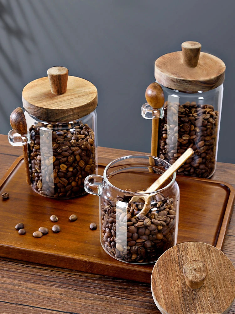 Coffee Bean Storage Jar Glass Sealed Jar with Spoon Storage Box Coffee Powder Storage Can Tea Can