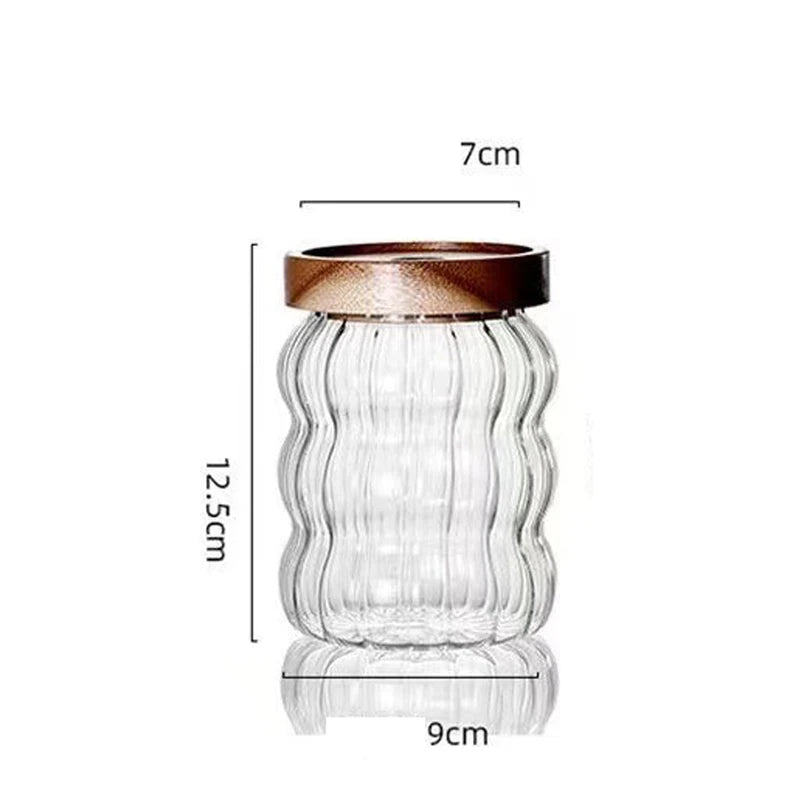 Wood Lid Striped Glass Storage Bottles Sealed Jar Tea Coffee Beans Grains Candy Jars Organizer Kitchen Food Glass Containers