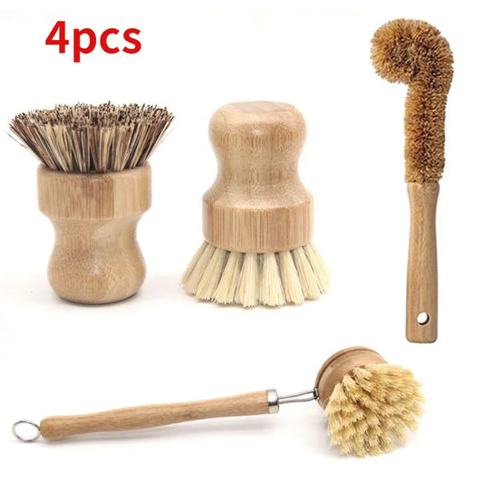 4 Pcs Plant Based Cleaning Brush Set,Bamboo Kitchen Scrub  Set Tablewa Kichen   New