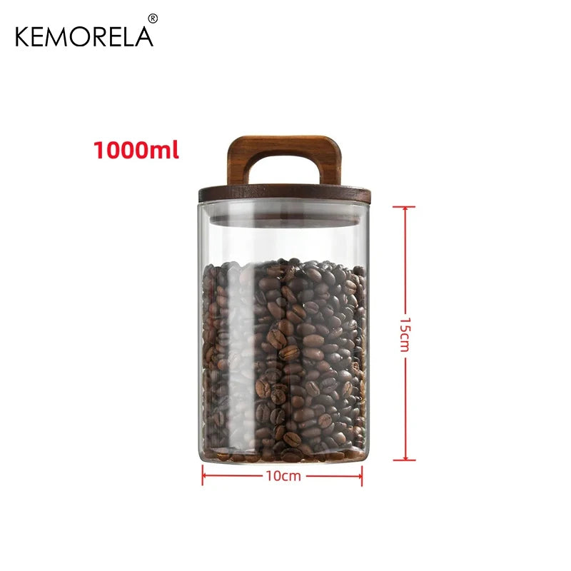 Wood Lid Glass jar Airtight Canister Food Container Tea Coffee Beans Kitchen Storage Bottles Jar Sealed Grounds Candy Jar