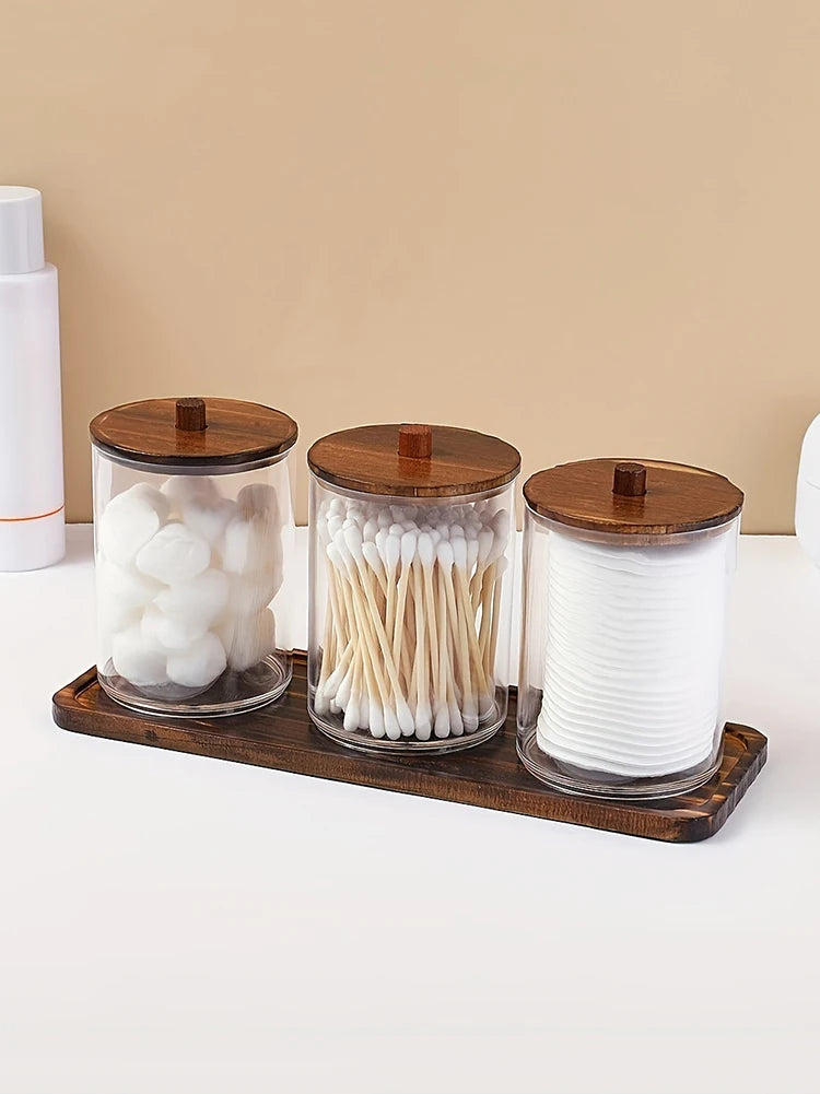 3 Pack Swab/Ball/Pad Holder with Wooden Tray, Cotton swab Jar, Clear Bathroom Containers Dispenser for Storage