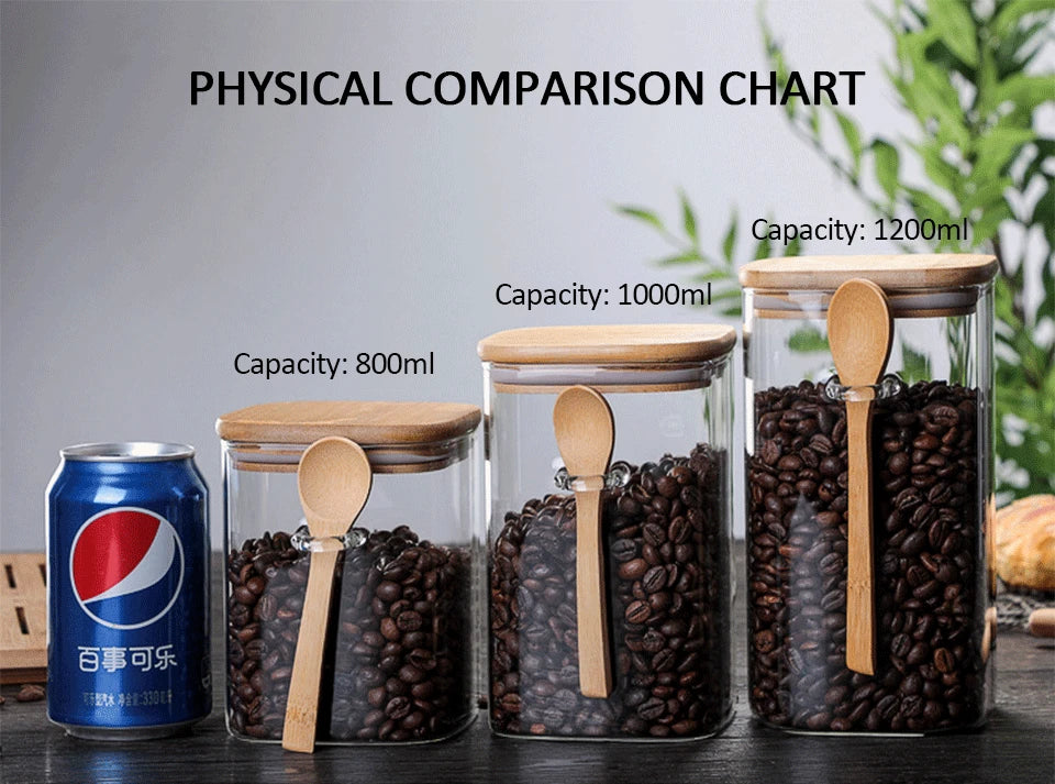 800/1000/1200ml Square Airtight Glass Jars With Lid And Spoon Tea Coffee Beans Container Snack Nuts Sealed Box Kitchen Organizer