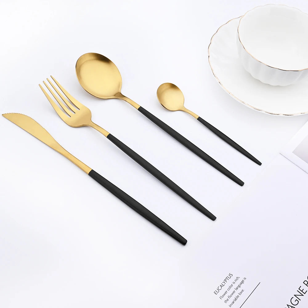 16Pcs Gold Matte Cutlery Set Knife Fork Spoons Dinnerware Set Stainless Steel Tableware Western Flatware Kitchen Silverware Set