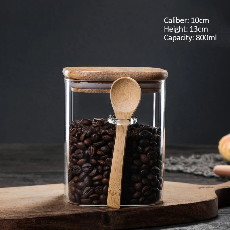 800/1000/1200ml Square Airtight Glass Jars With Lid And Spoon Tea Coffee Beans Container Snack Nuts Sealed Box Kitchen Organizer