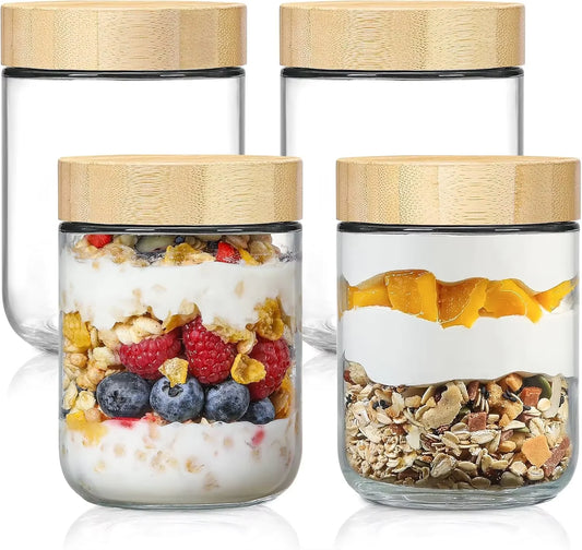 Glass jars with Airtight Lids Oats Containers with Bamboo Lids Wide mouth Mason Salad Glass Food Storage for Snacks Yogurt Spice