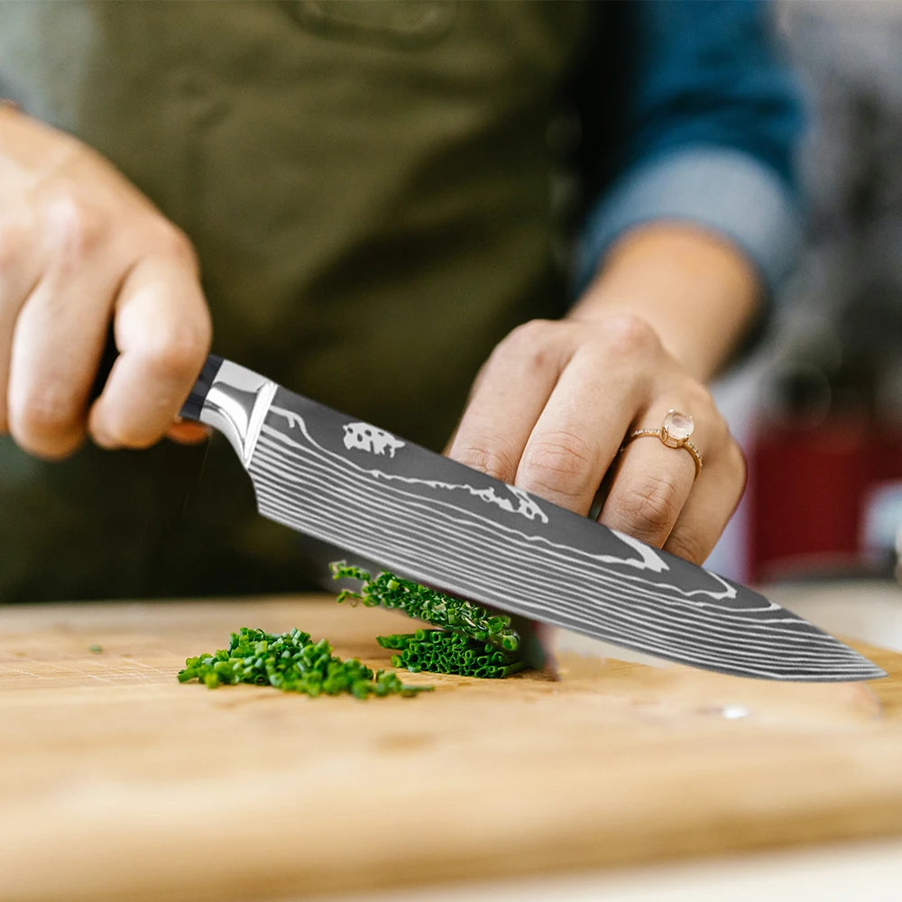 Juego de Cuchillos de Chef – Santoku Japonés, Patrón Damasco Láser, Ultra Afilados