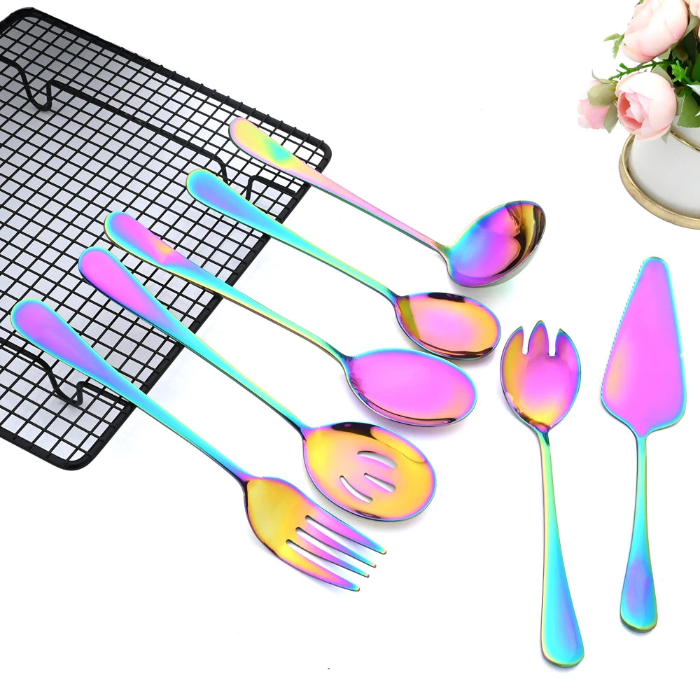 7Pcs Gold Dinnerware Set Stainless Steel Soup Spoon Colander Spoon Service Spoon Salad Fork Cake Spatula Kitchen Home Tableware