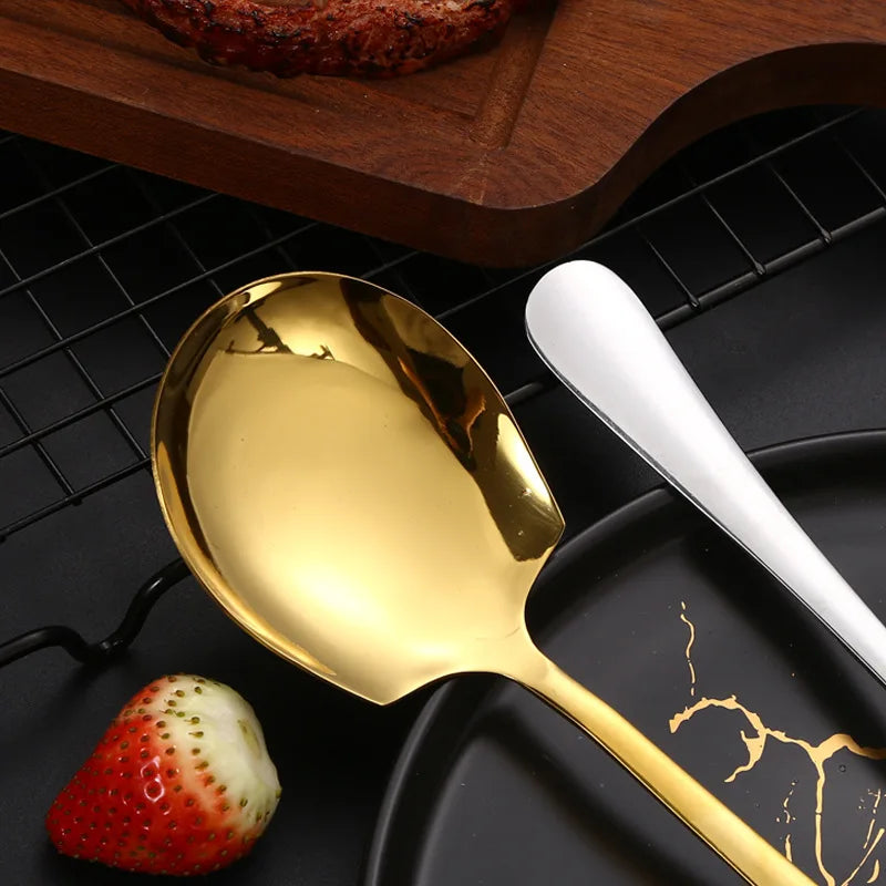 Golden Stainless Steel Food Service Spoon Large Rice Shovel Tableware Long Handle Square Spatula Kitchen Gadgets for Home