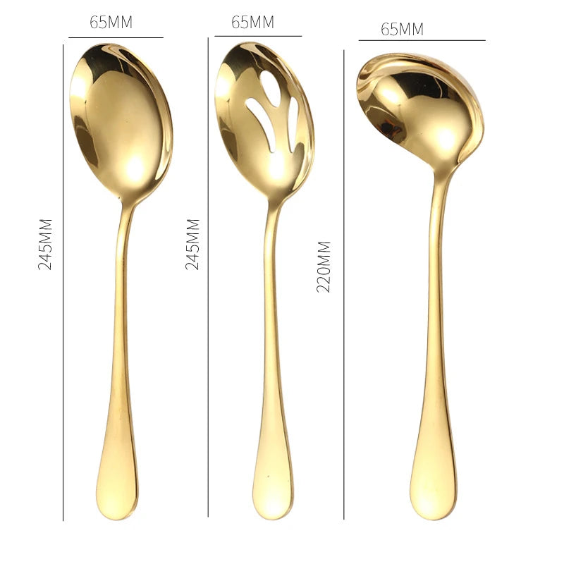 Stainless Steel Gold Korean Serving Spoon Tableware Soup Ladle Colander Fork Shovel Restaurant Public Cutlery Kitchen Utensil