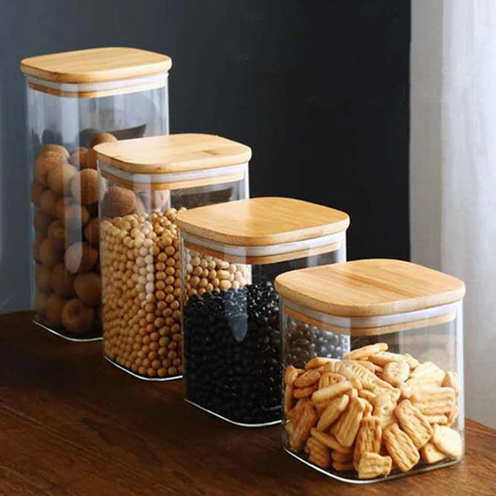 Glass Food Storage Containers With Wooden Lid Kitchen Snack Fruit Candy Nut Sundries Coffee Storage Organizer for Kitchen