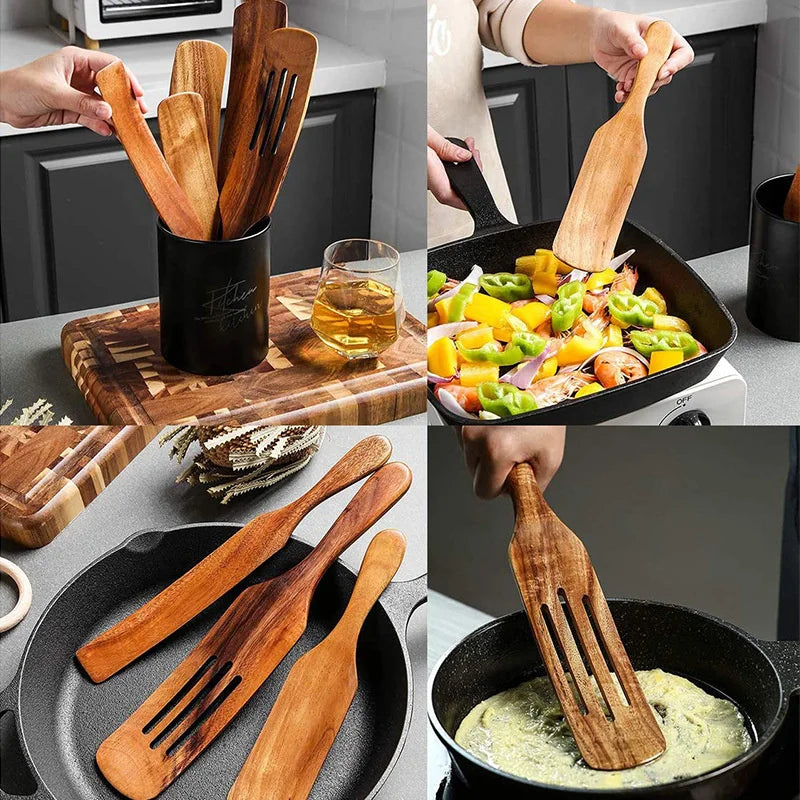 Teak Wood Long Handle Spatula Kitchen Turner Non Stick Cooking Utensils Wooden Salad Spatula Baking Scraper Rice Shovel Cookware