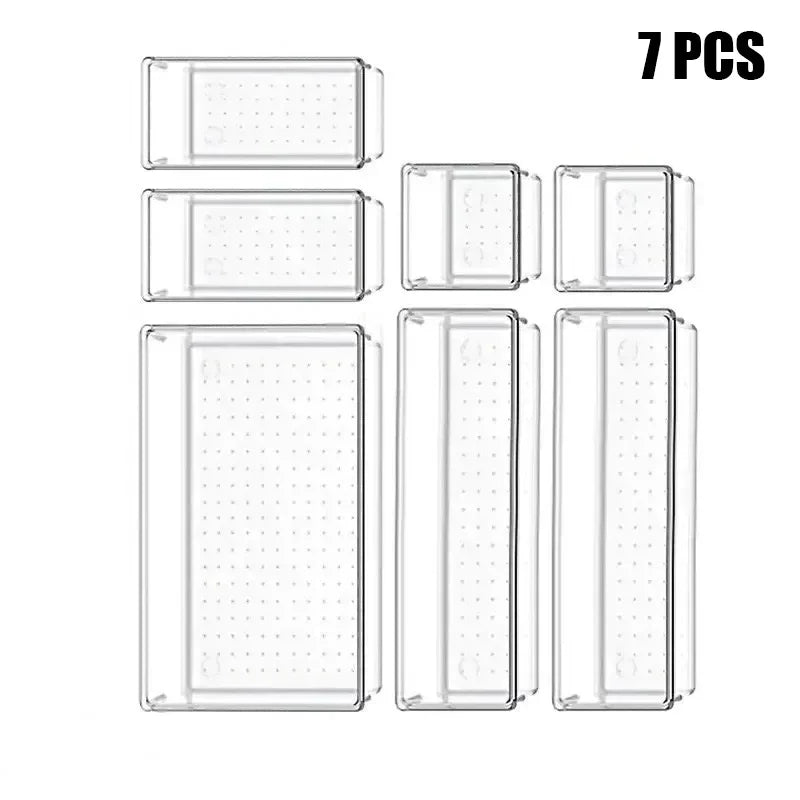 7/14-Piece Versatile Drawer Organizer Set - Clear Plastic Trays and Dividers in 4 Sizes for Perfect Makeup and Kitchen Storage