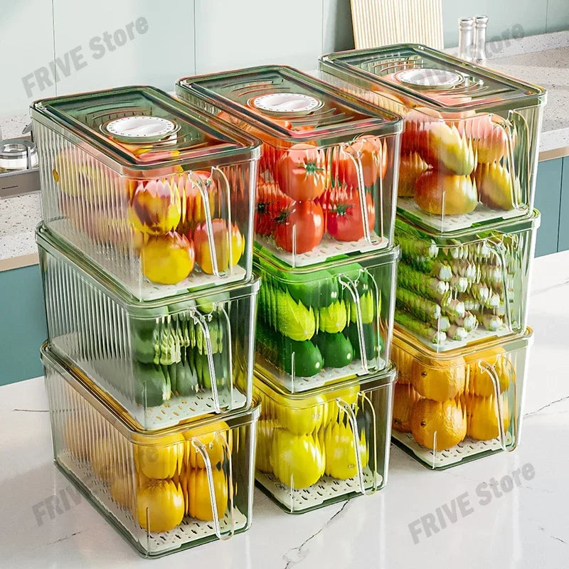 Refrigerator Storage Box with Handle, Vegetable and Fruit Fresh-keeping Storage Box with Lid, Stackable Transparent Storage Box