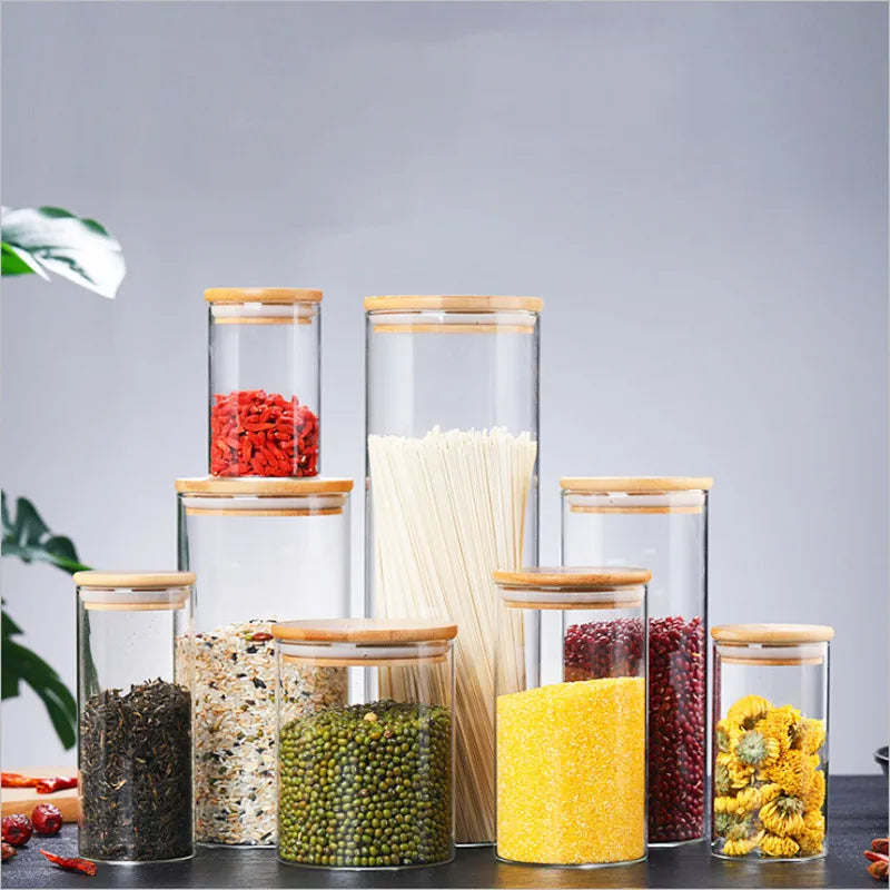 Glass Jar With Bamboo Lid Sealed Canister Food Storage Bottles Container Storage For Loose Tea Coffee Bean Kitchen Accessories