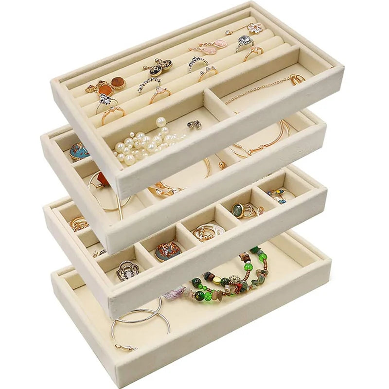 Velvet Jewelry Tray Display Case Portable Holder Earring Necklace Packaging Box Grey Beige Stackable Jewelry Organizer Boxes