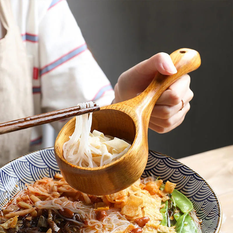 Natural Solid Wood Noodle Spoon Large Soup Ladle Japanese Short Handle Porridge Spoon Soup Ladle Water Scoop Kitchen Household