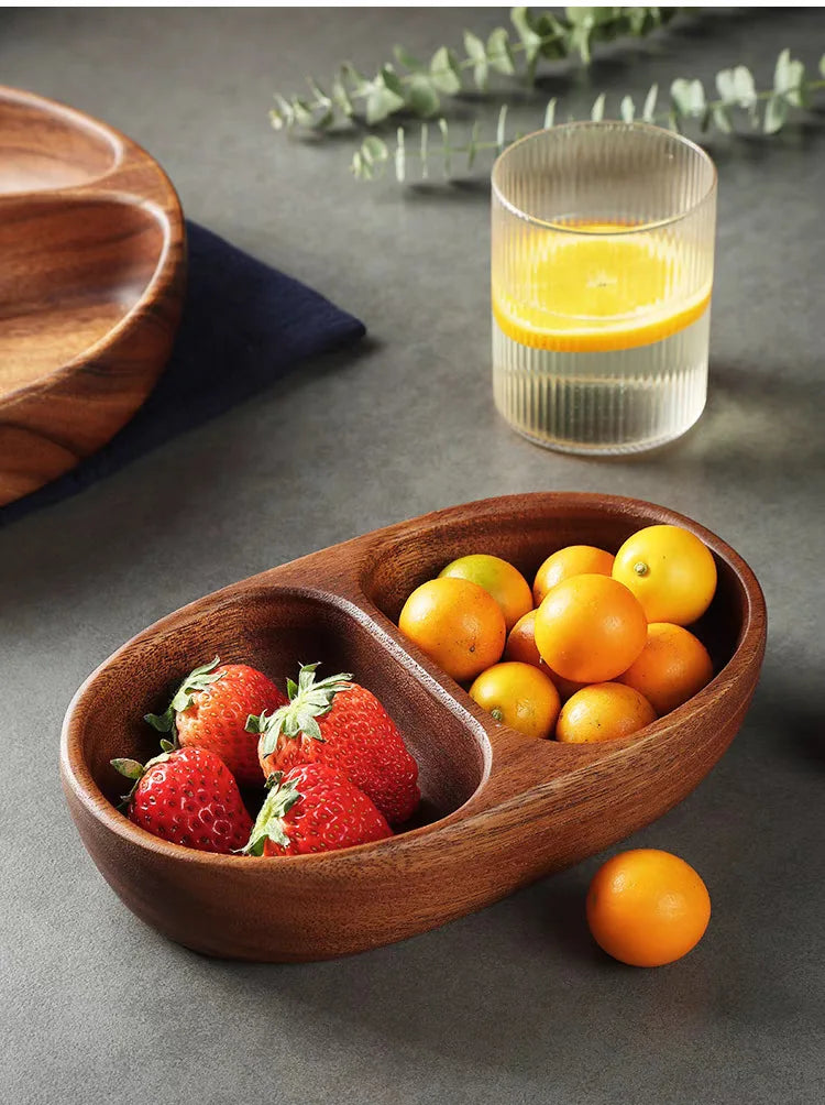 Acacia Wood Whole Wood Salad Bowl Dry Fruit Plate Fruit Snack Split Bowl Salad Boat Plate Walnut Fruit Plate Trays Decorative