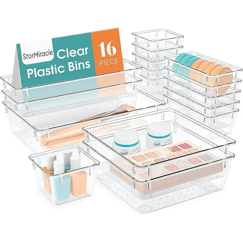 24/16/8/4pcs Drawer Organizers Set Clear Plastic Desk Dividers Bins Bedroom Dresser Office Storage Box for Makeup Gadgets