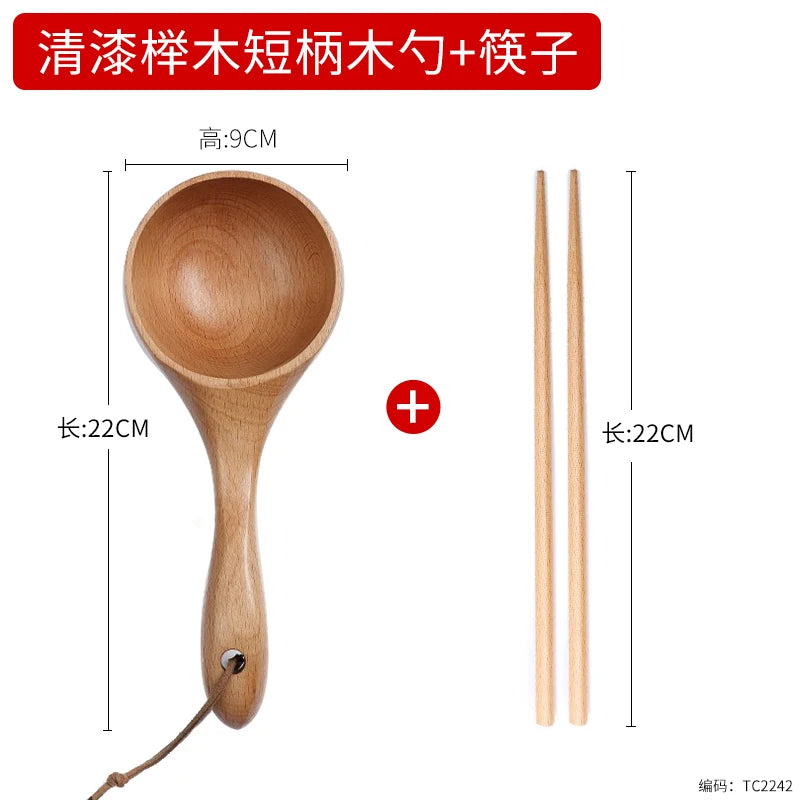 Natural Solid Wood Noodle Spoon Large Soup Ladle Japanese Short Handle Porridge Spoon Soup Ladle Water Scoop Kitchen Household