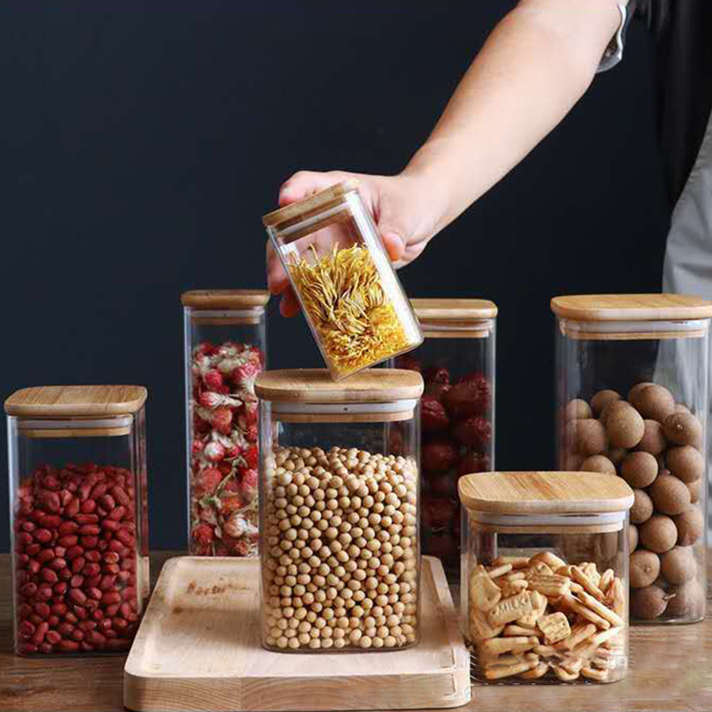 Glass Food Storage Containers With Wooden Lid Kitchen Snack Fruit Candy Nut Sundries Coffee Storage Organizer for Kitchen