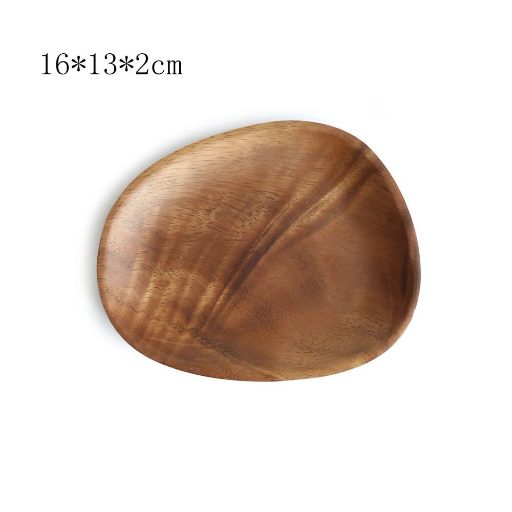 Walnut & Acacia Irregular Oval Solid Wood Dinner Plate Wooden Serving Decorative Tray, for Dishes Snack, Dim Sum, Fruit, Dessert