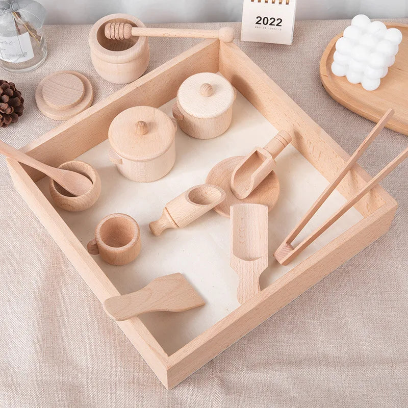 Montessori Sensory Enlighten Puzzle Toys Set Simulated Kitchen Tea Set Family Experience Early Childhood Education Wooden Toys