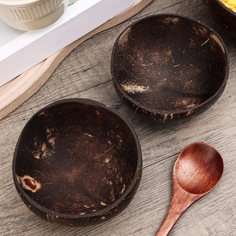 5/1PCS Natural Coconut Bowls Reusable Wooden Tableware with Spoon Dessert Fruit Salad Yogurt Coconut Bowl Home Kitchen Supplies