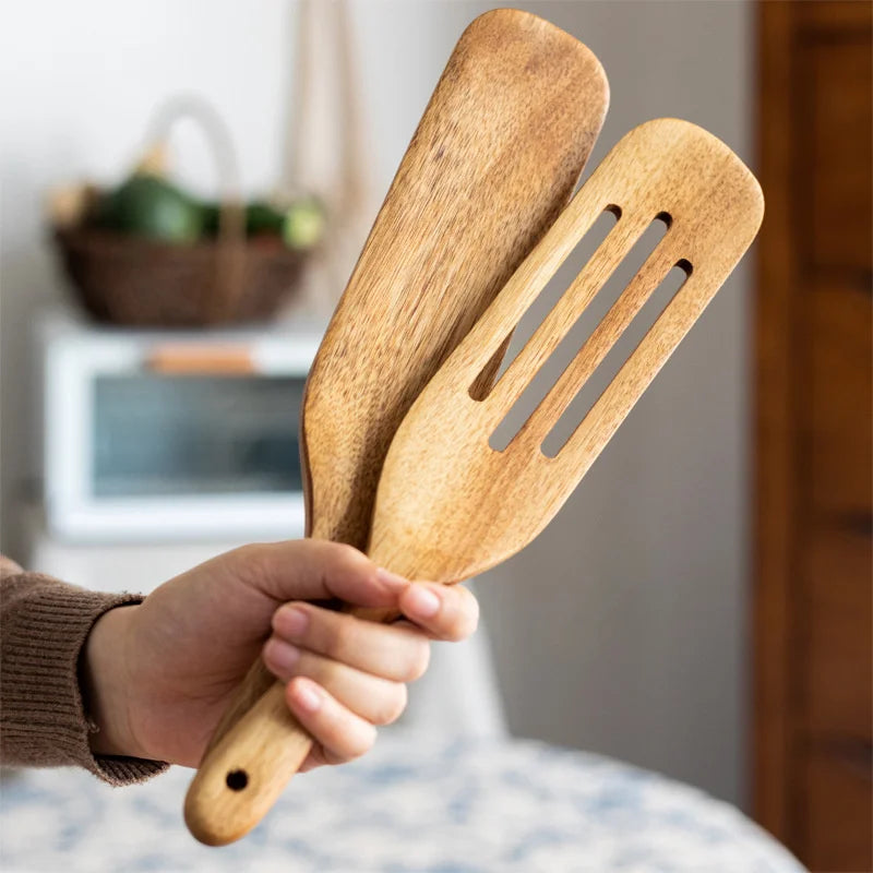 Teak Wood Long Handle Spatula Kitchen Turner Non Stick Cooking Utensils Wooden Salad Spatula Baking Scraper Rice Shovel Cookware