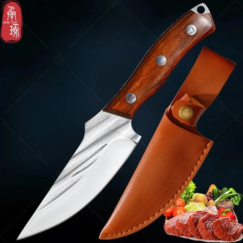 Cuchillo de Carnicero Forjado – Acero Inoxidable, Mango de Madera, Full Tang