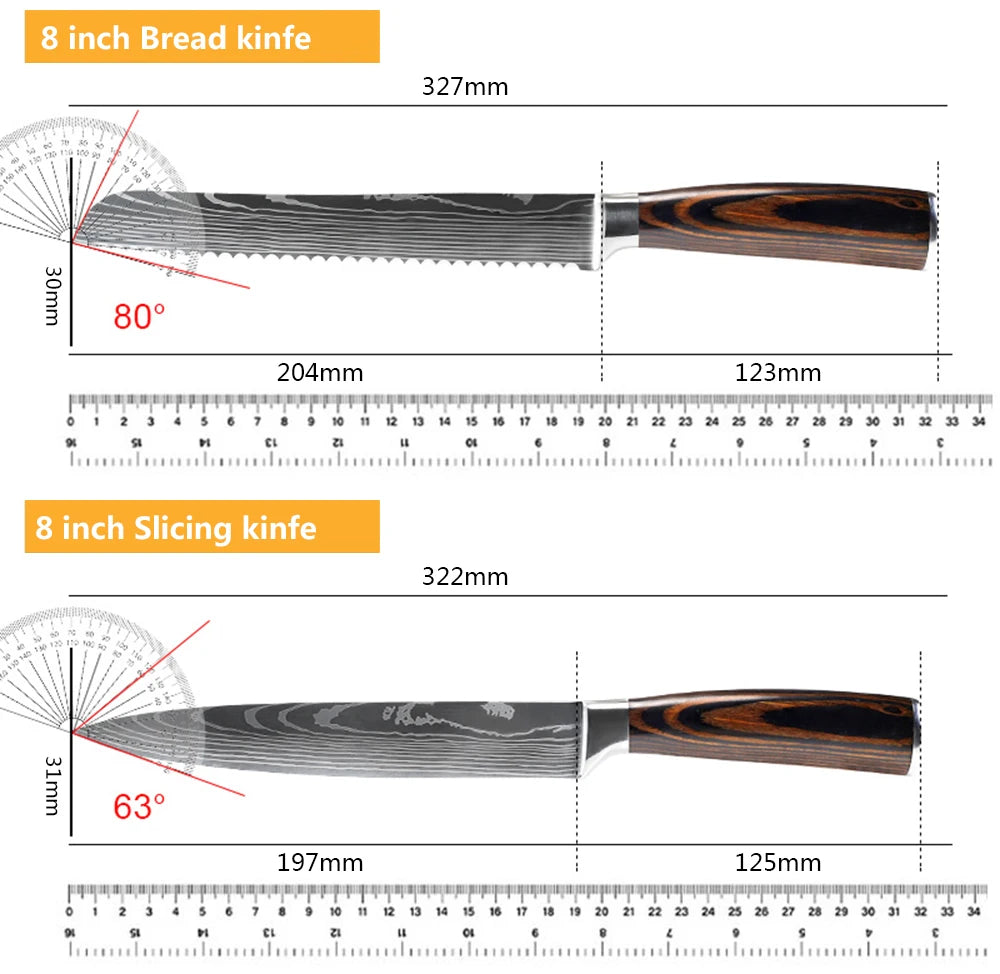 Juego de Cuchillos de Chef – Santoku Japonés, Patrón Damasco Láser, Ultra Afilados