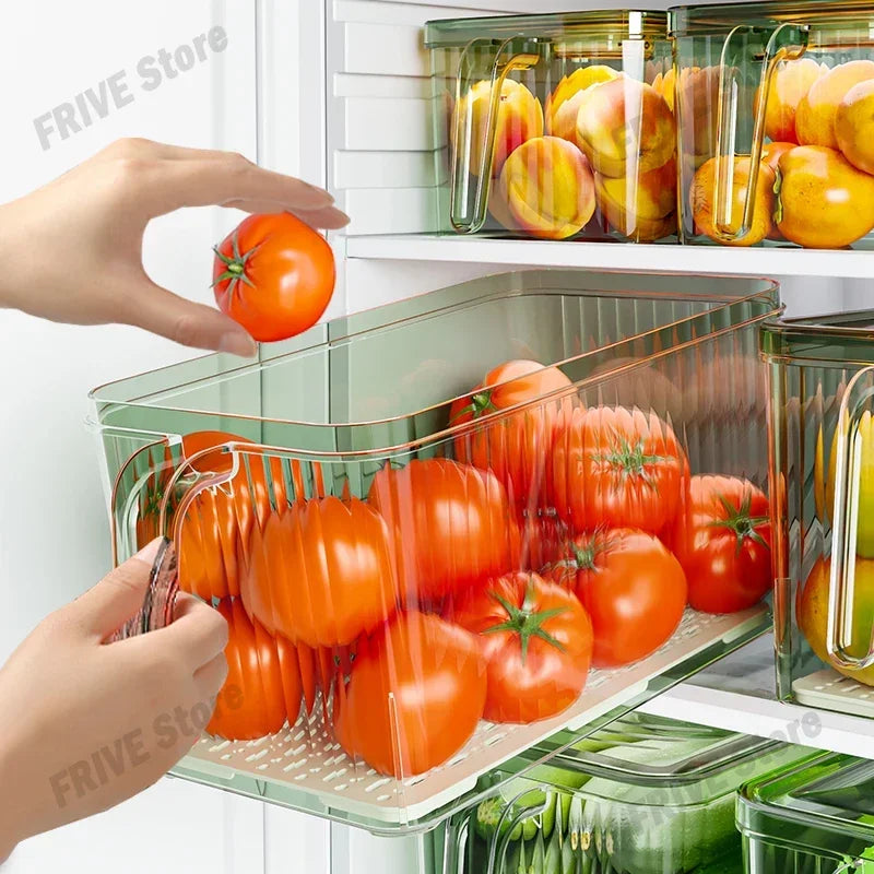 Refrigerator Storage Box with Handle, Vegetable and Fruit Fresh-keeping Storage Box with Lid, Stackable Transparent Storage Box