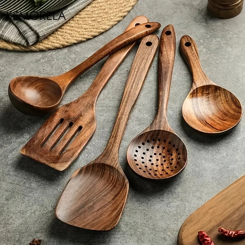 5PCS Thailand Teak Cooking Spoon Natural Wooden Kitchen Tableware Tool Ladle Turner Rice Colander Soup Skimmer Scoop Utensils